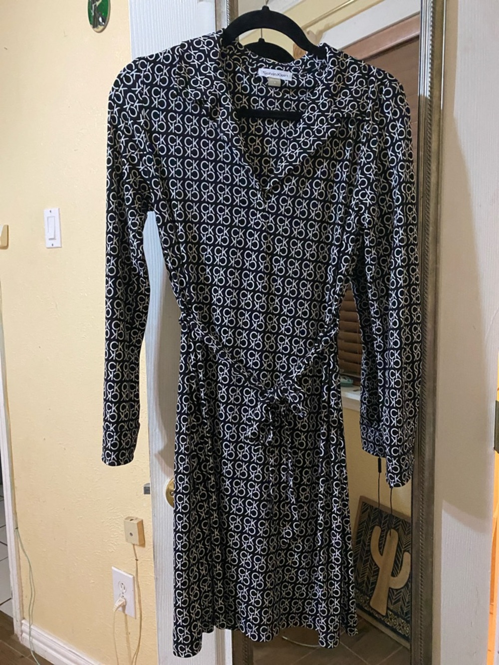 Calvin Klein Black and White Logo Wrap-Style Long Sleeve Dress
